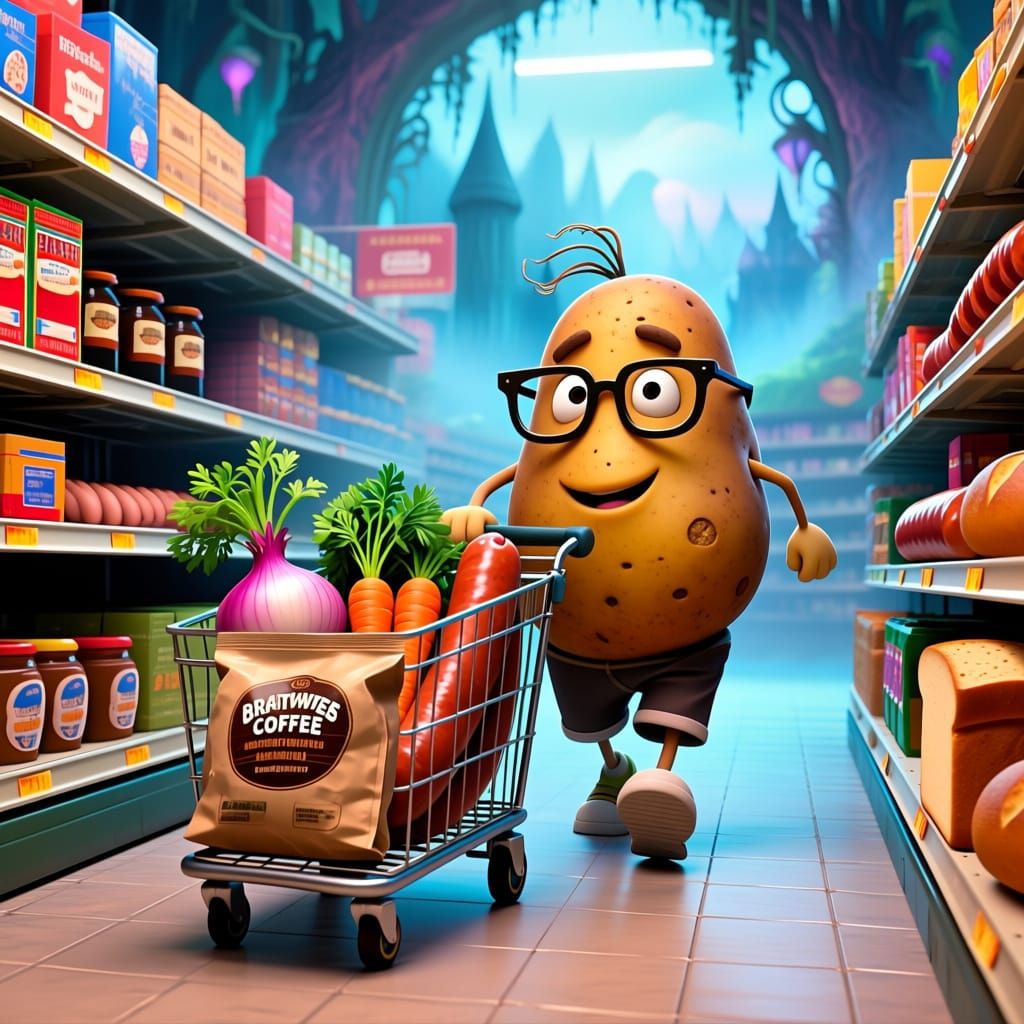 Mr. Potato Shops for Groceries in Humorous 3D Cartoon Style