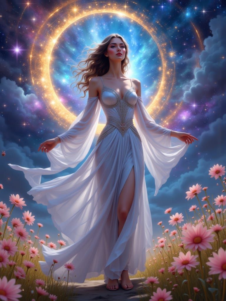 Celestial Goddess in Ethereal Flower Field