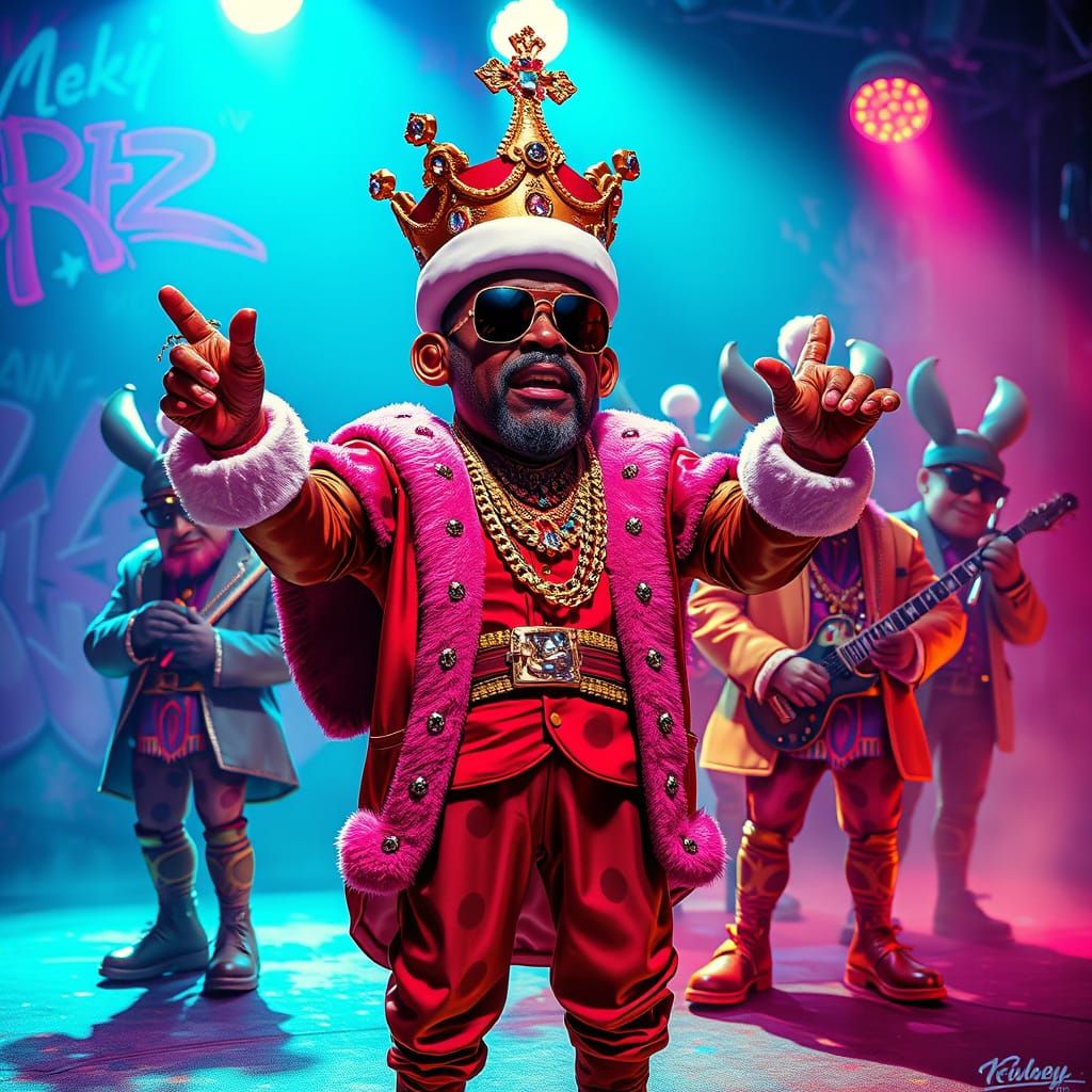 King Cole as Hip-Hop Artist on Neon Stage