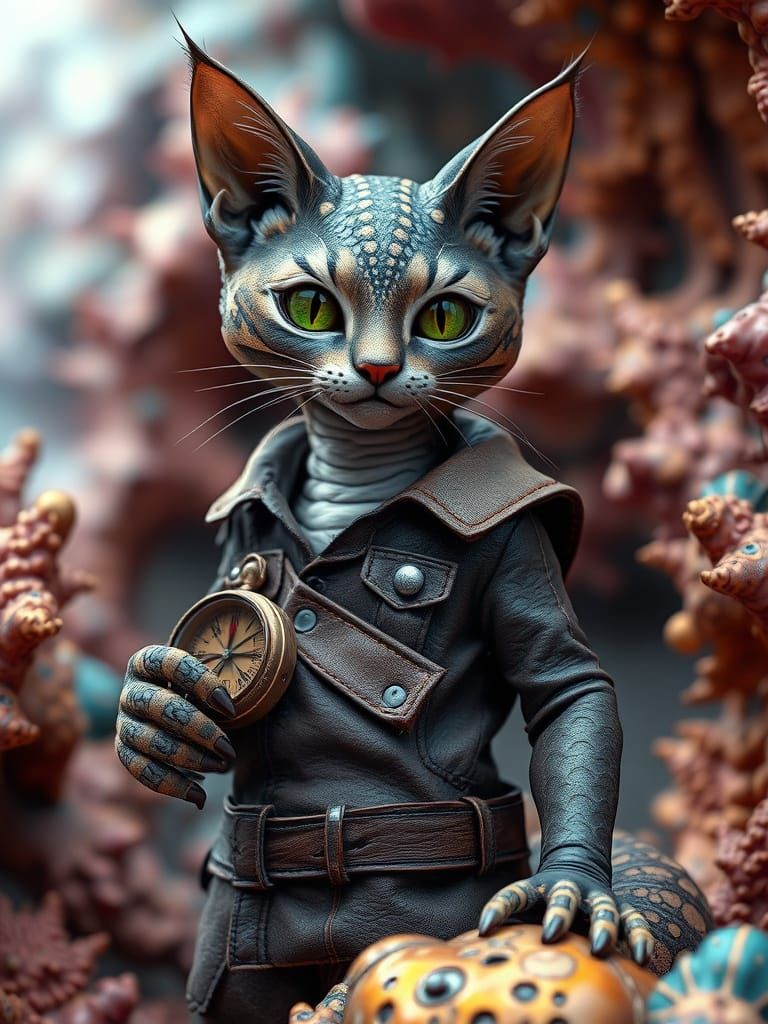 Whimsical Leather-Covered Cat-Cobra Hybrid in Vibrant Bismut...