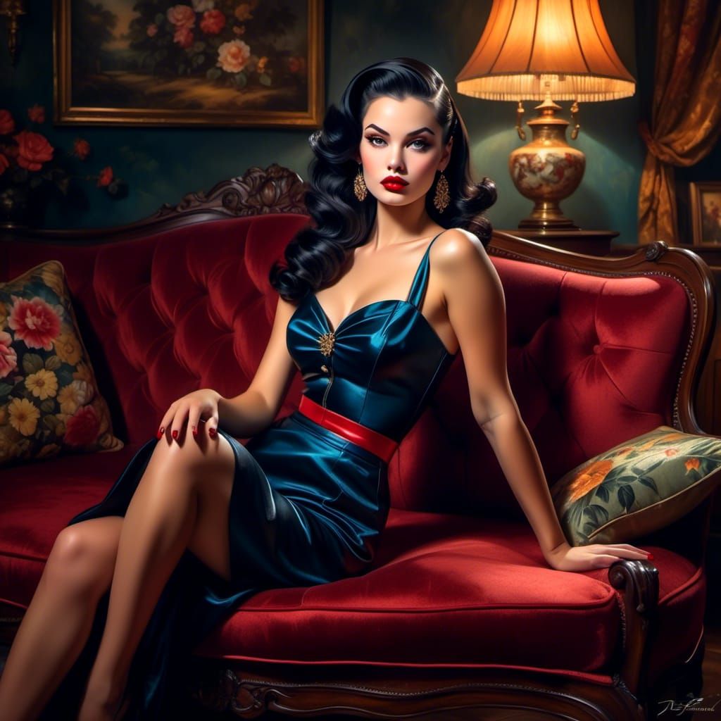 Pinup Girl Lounging on Divan as Oil Painting