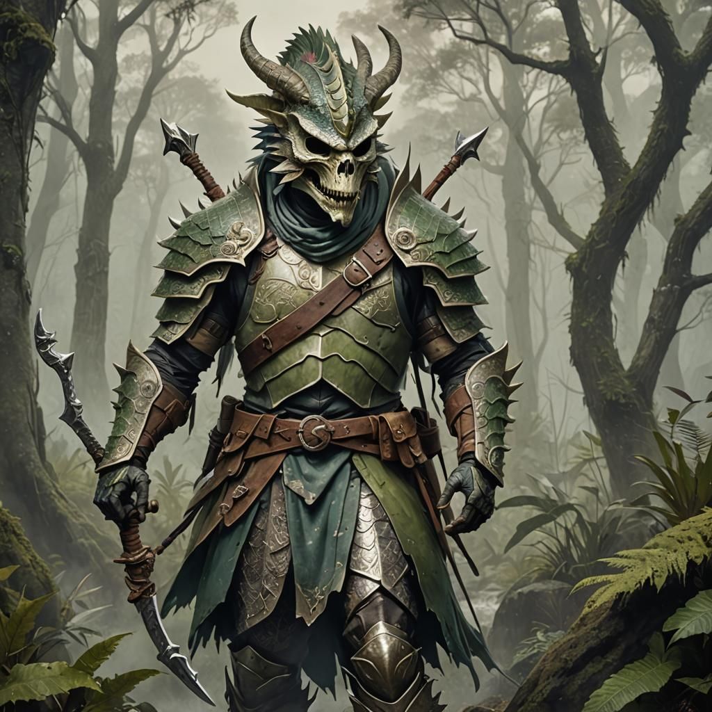Lizardfolk Ranger with Dragon in Misty Forest