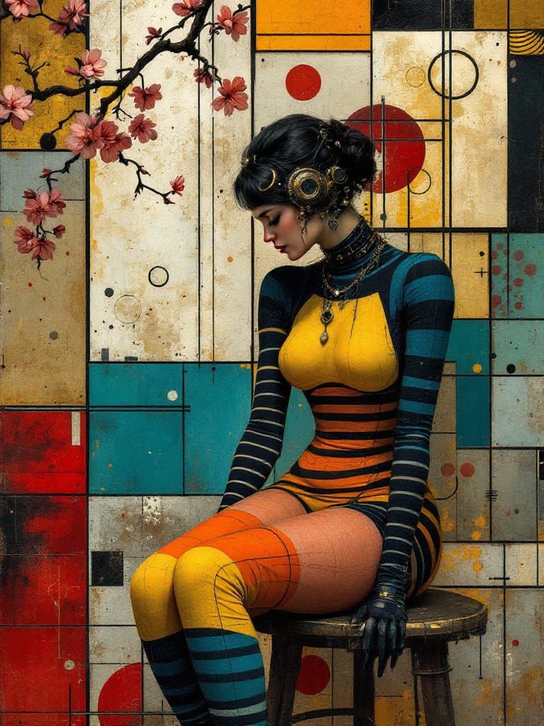Steampunk Pin-Up with Mondrian Art, Cherry Blossoms