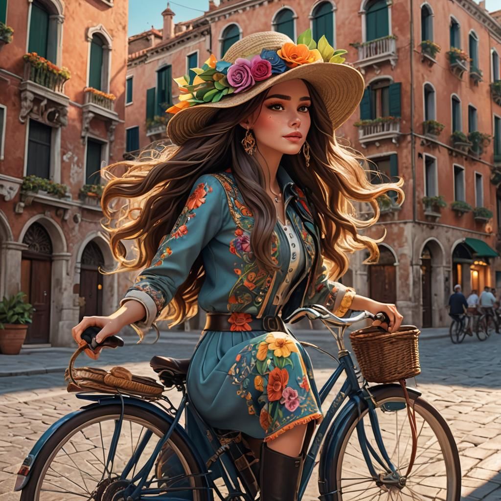 Girl on Bicycle in Venice: 3D Digital Art