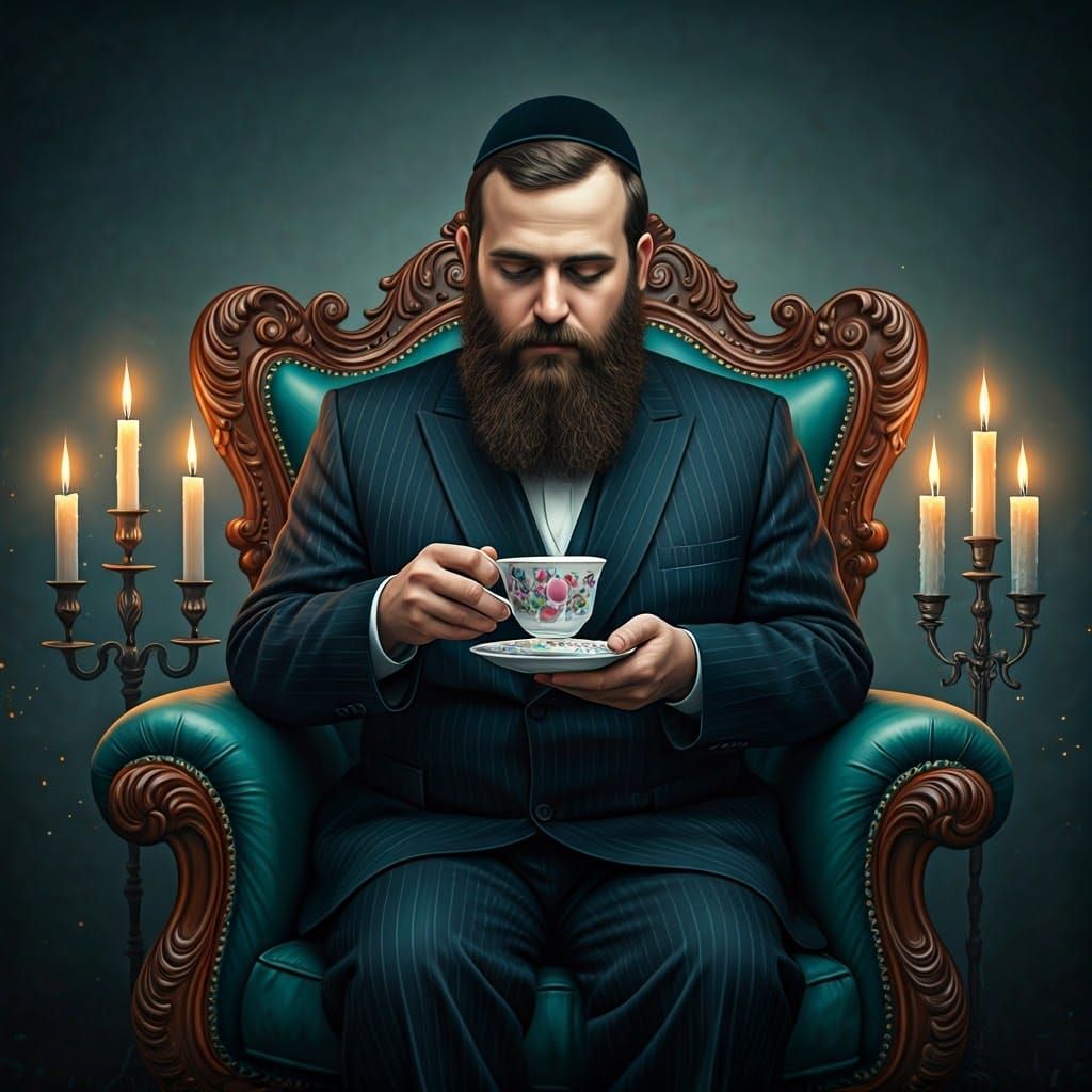 Serene Hasidic Man with Teacup in Klimt-Inspired Setting