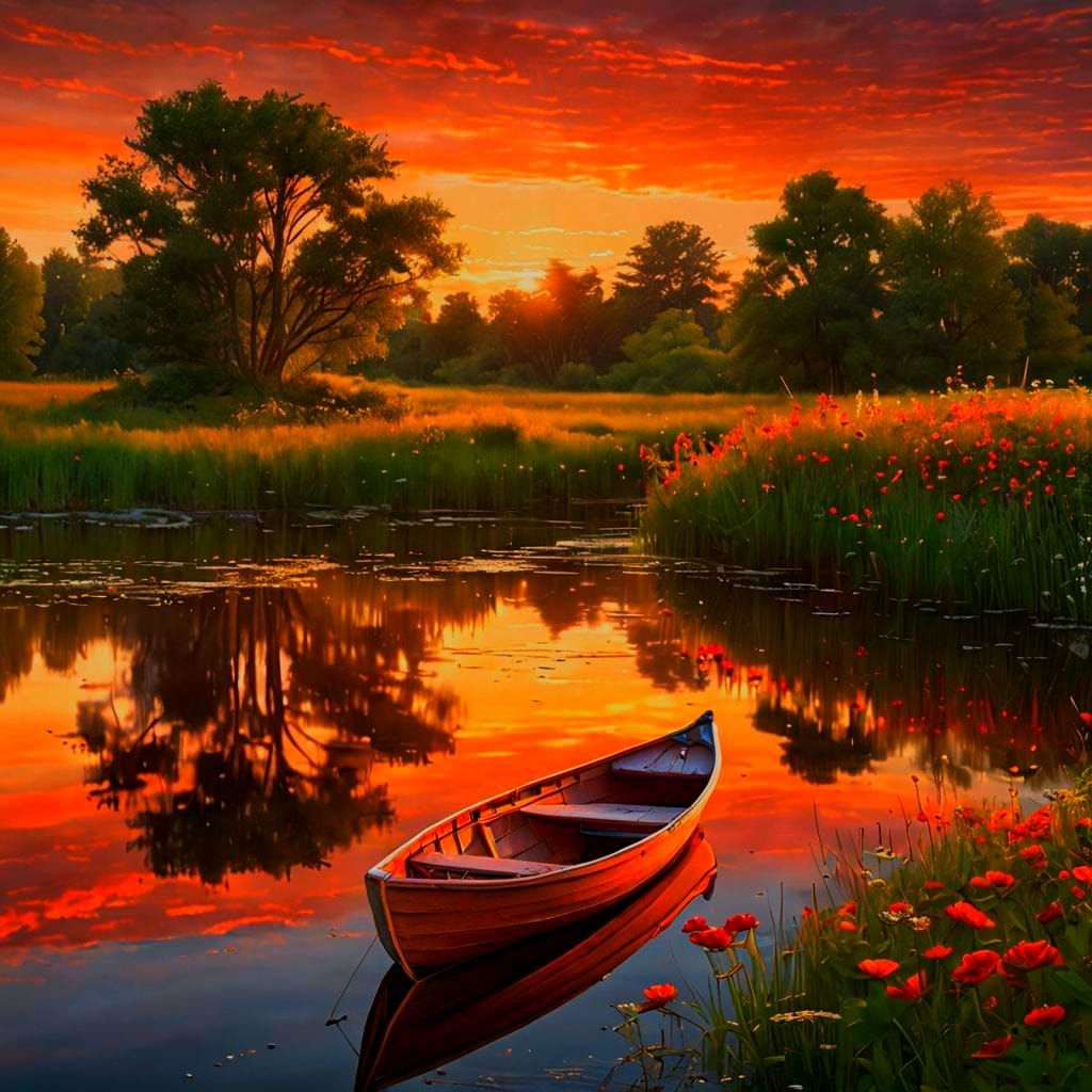 Rowboat at Sunset: Hyperrealistic River Scene