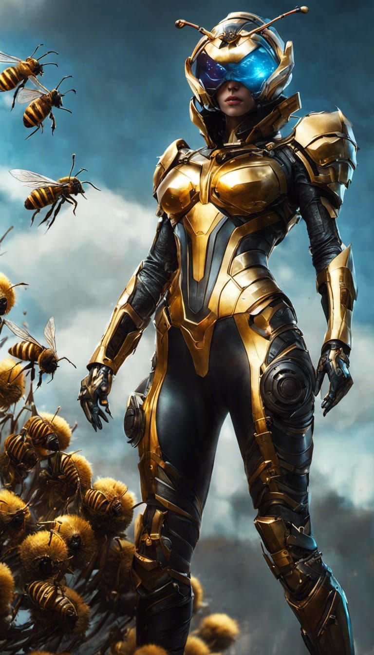 Queen Bee Villain in Metallic Armor, Digital Art