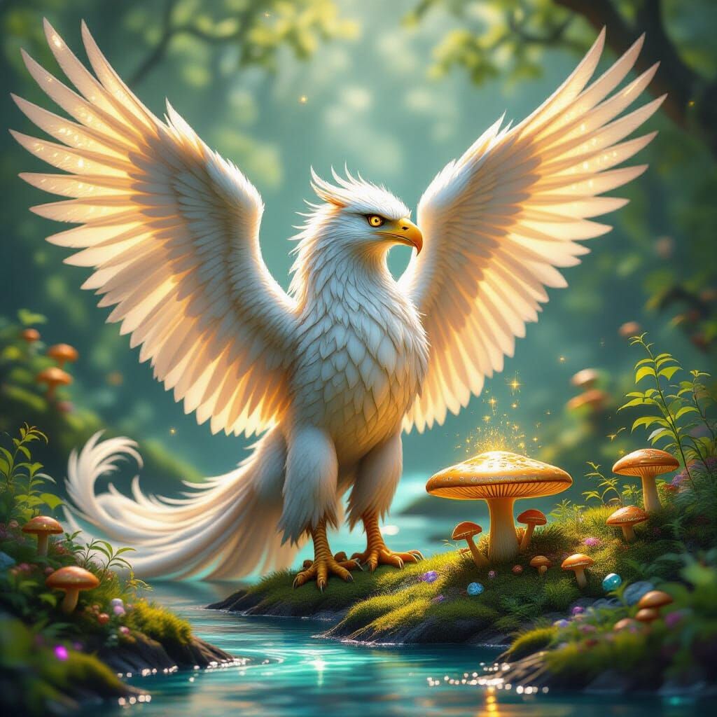 Majestic Griffin in Sun-Dappled Forest with Bioluminescent F...