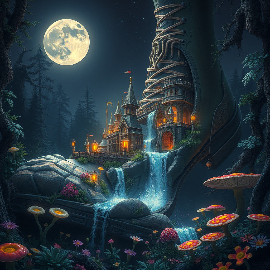 Miniature City in Shoe with Waterfall, Fantasy Art