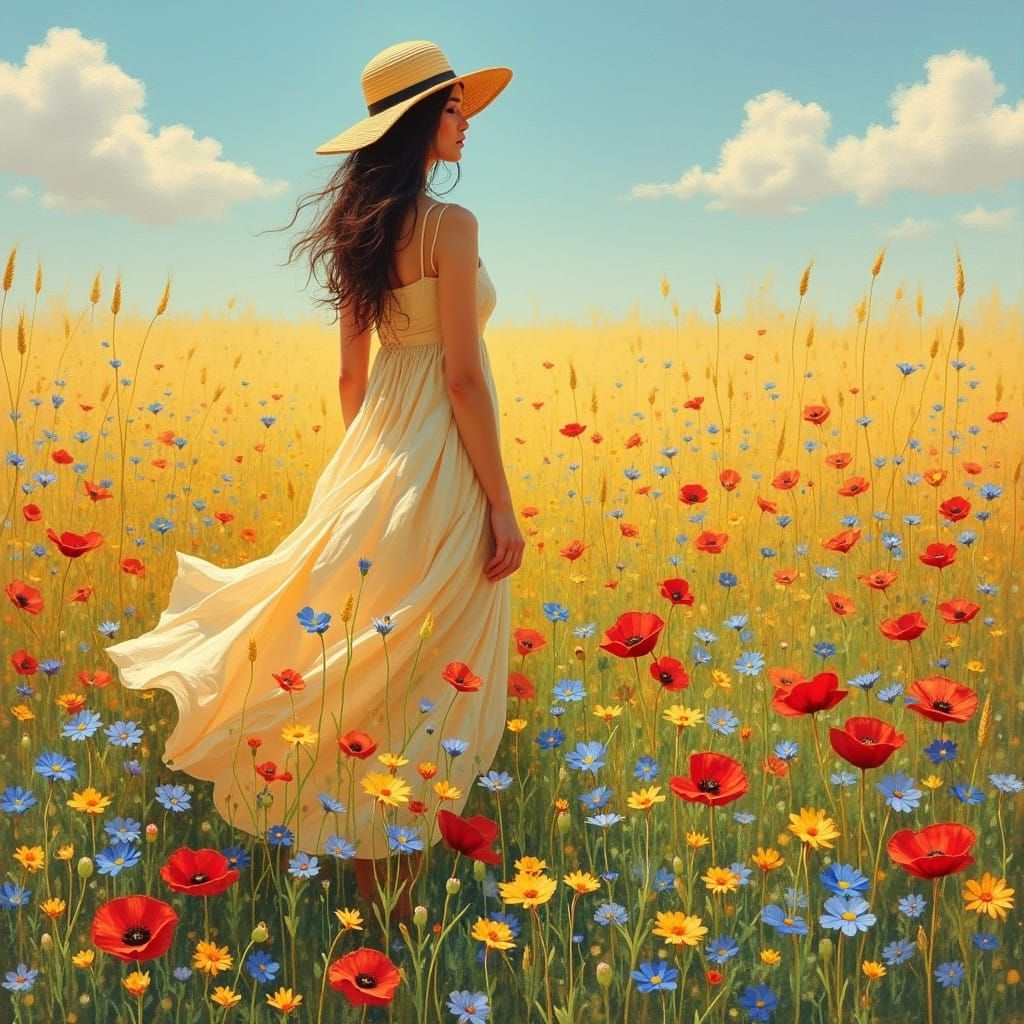 Woman in a Vibrant Field of Wildflowers in Impressionist Sty...