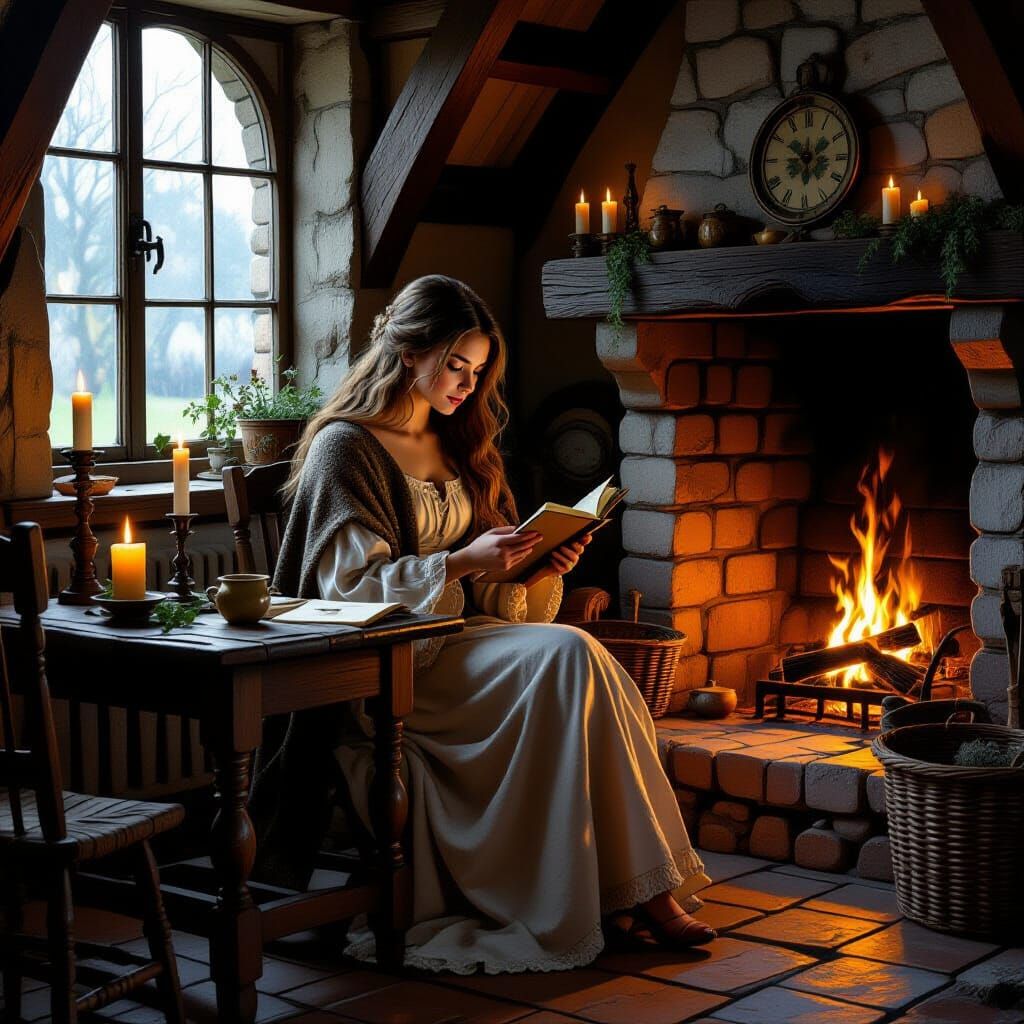 Medieval Woman in Cottage, Lit by Firelight