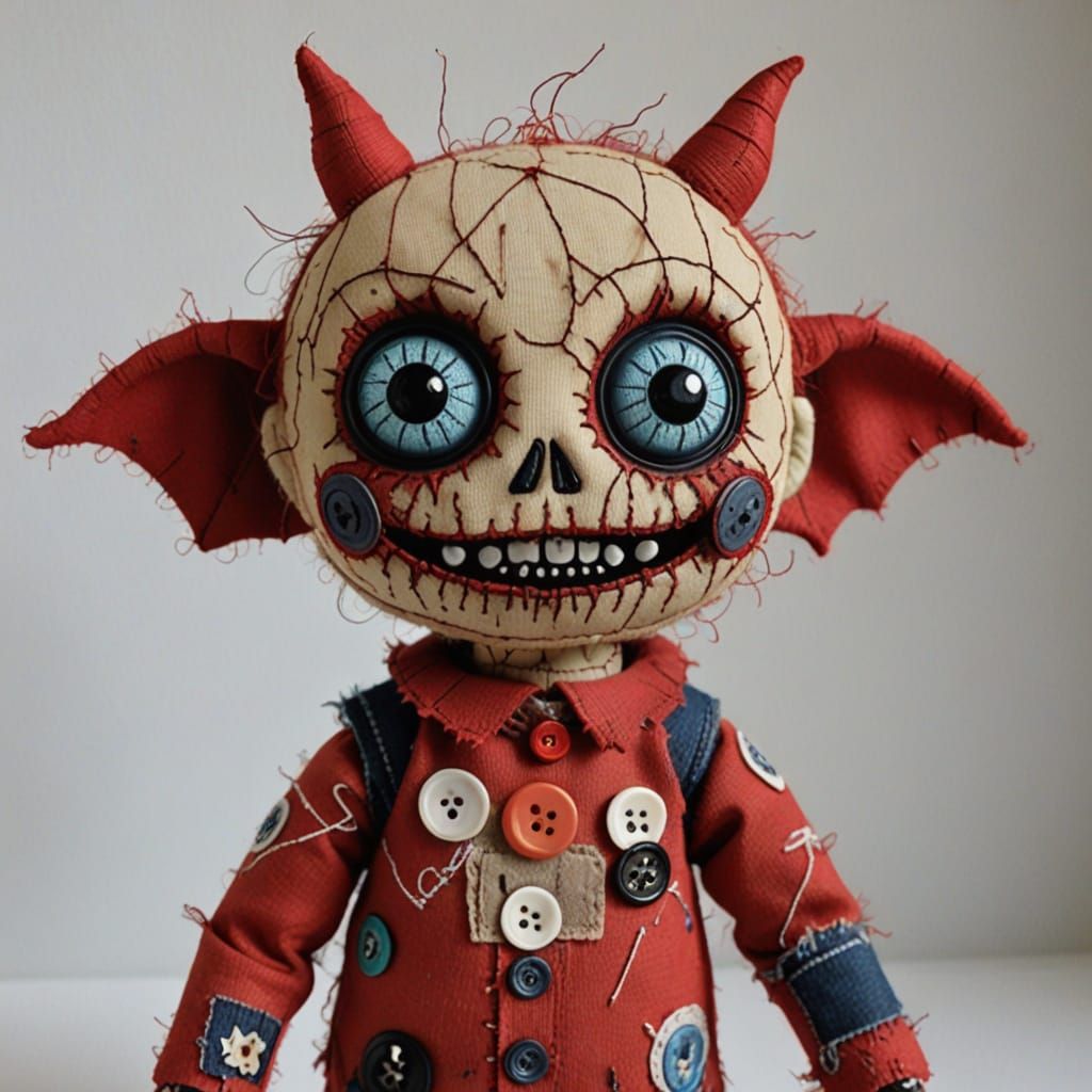 Creepy Demon Doll with Skin Patches and Button Eyes