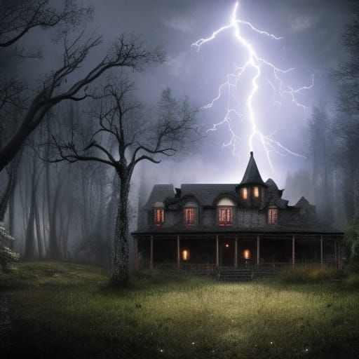 Realistic Haunted House in Forest with Lightning