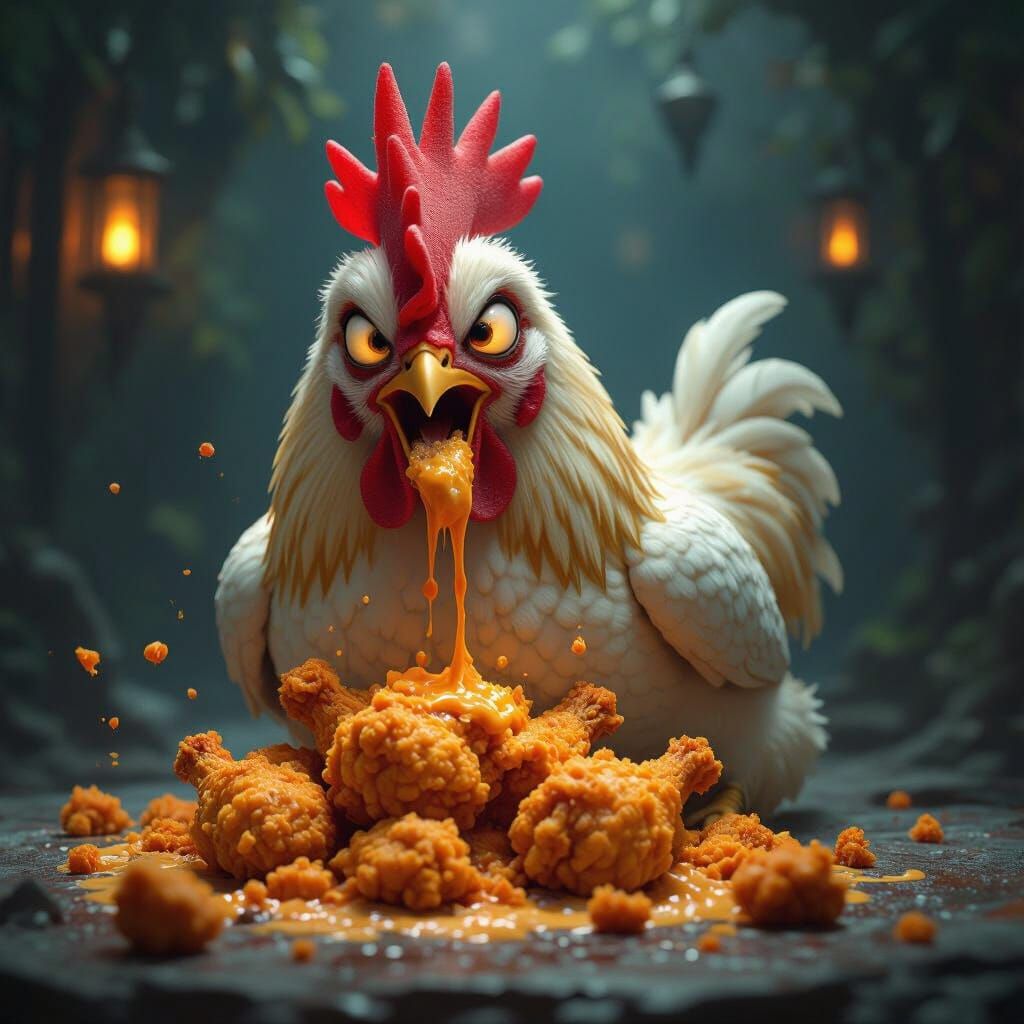 Terrified Chicken Devouring Fried Chicken Masterpiece