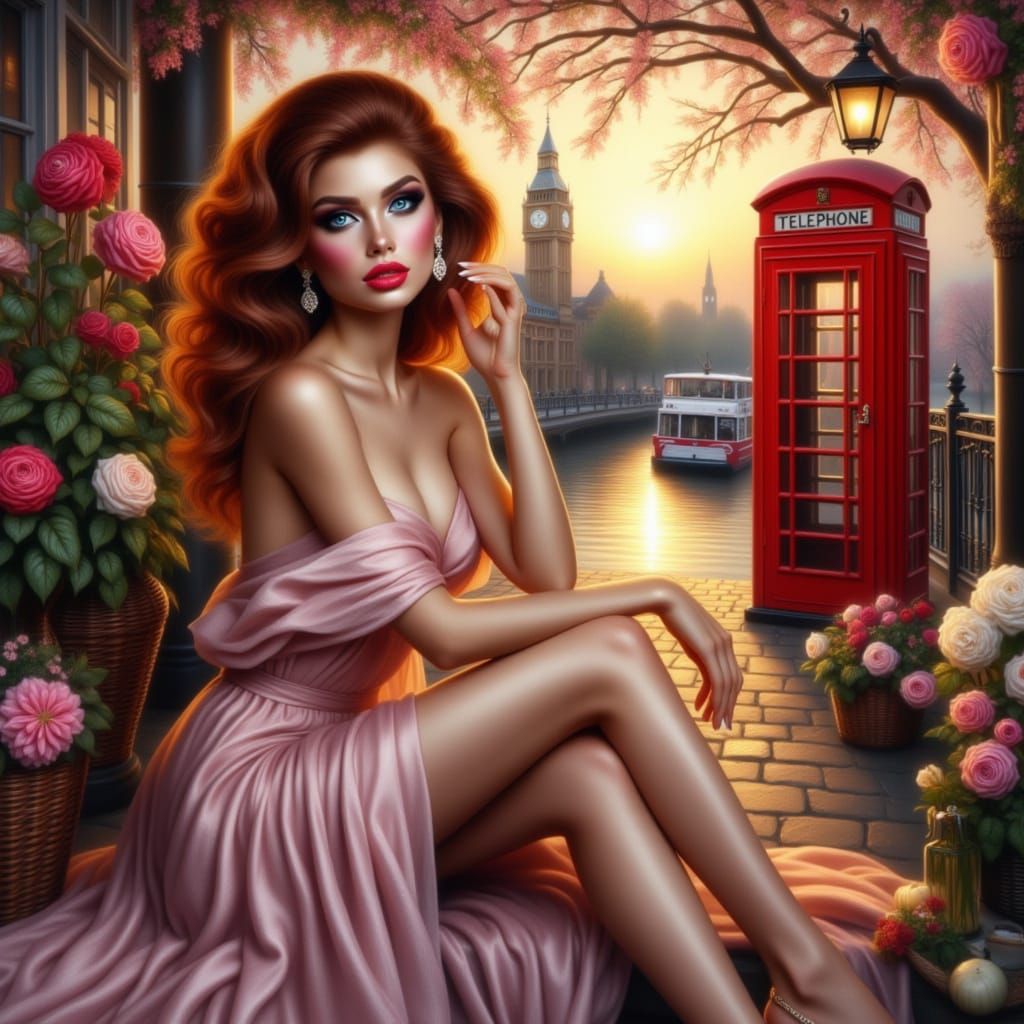 Elegant Woman on Terrace in Vibrant Oil Painting Style