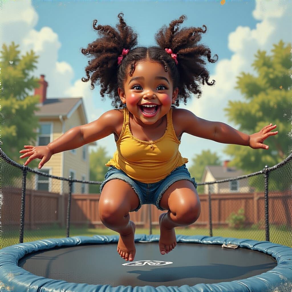Joyful Girl Soaring on Trampoline: Graffiti Art