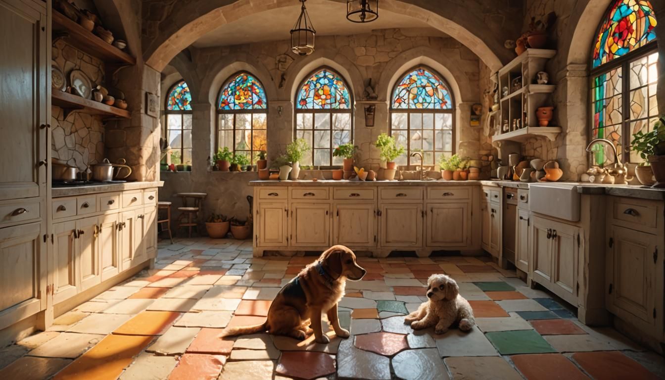 Rustic Italian Cottage Kitchen with Puppy, Photorealistic
