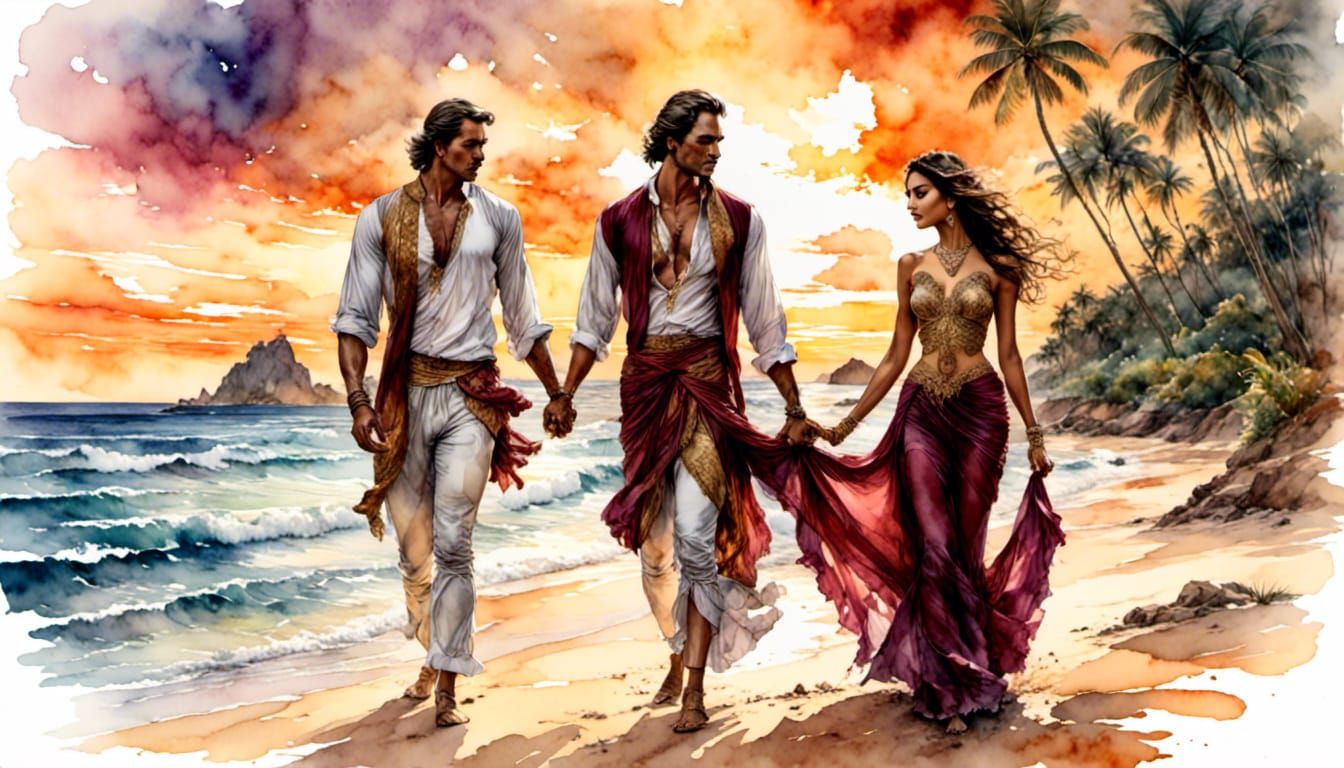 Tropical Beach Sunrise Watercolor Painting