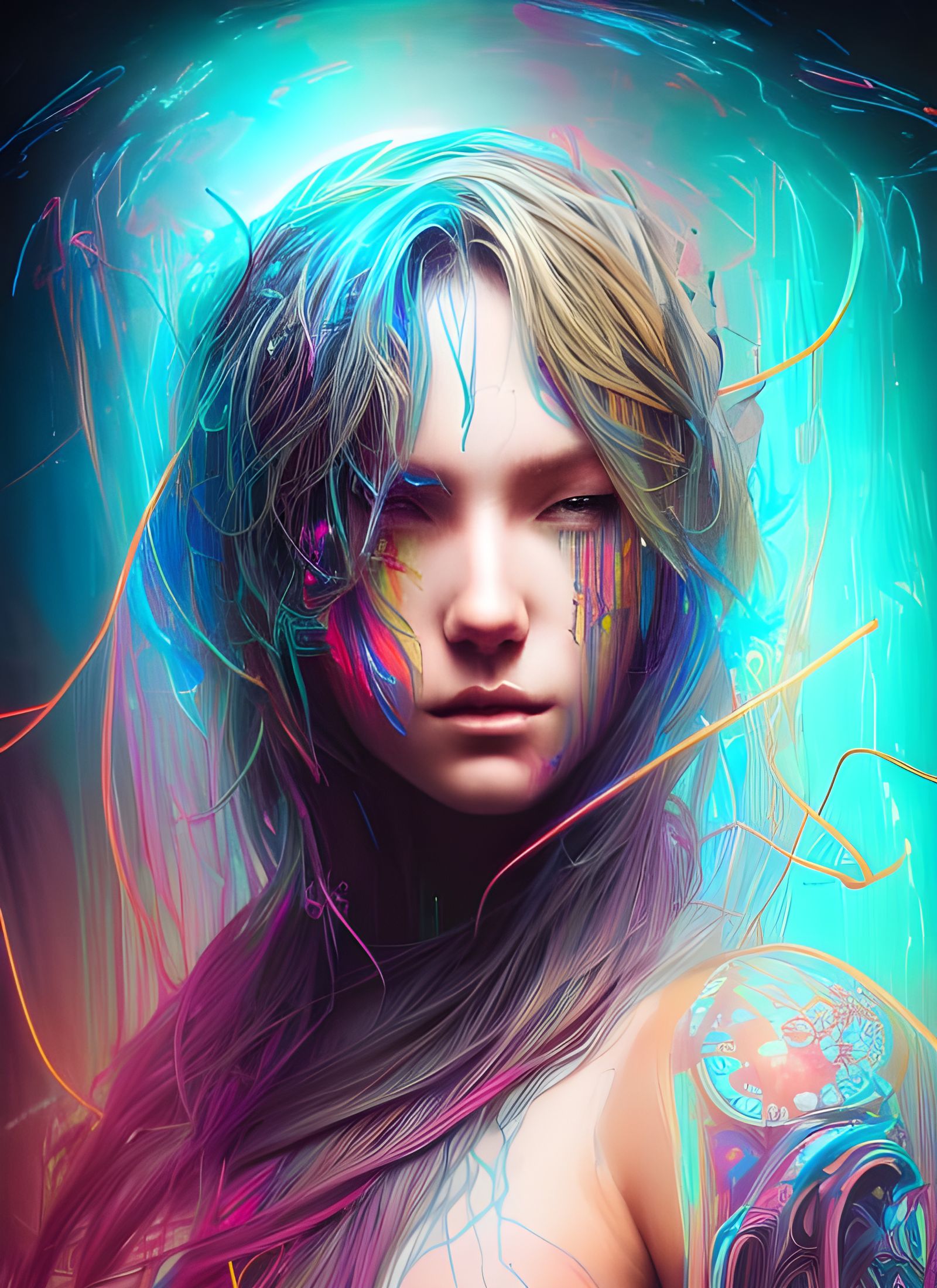 Cyberpunk Goddess with Rainbow Hair, Digital Art
