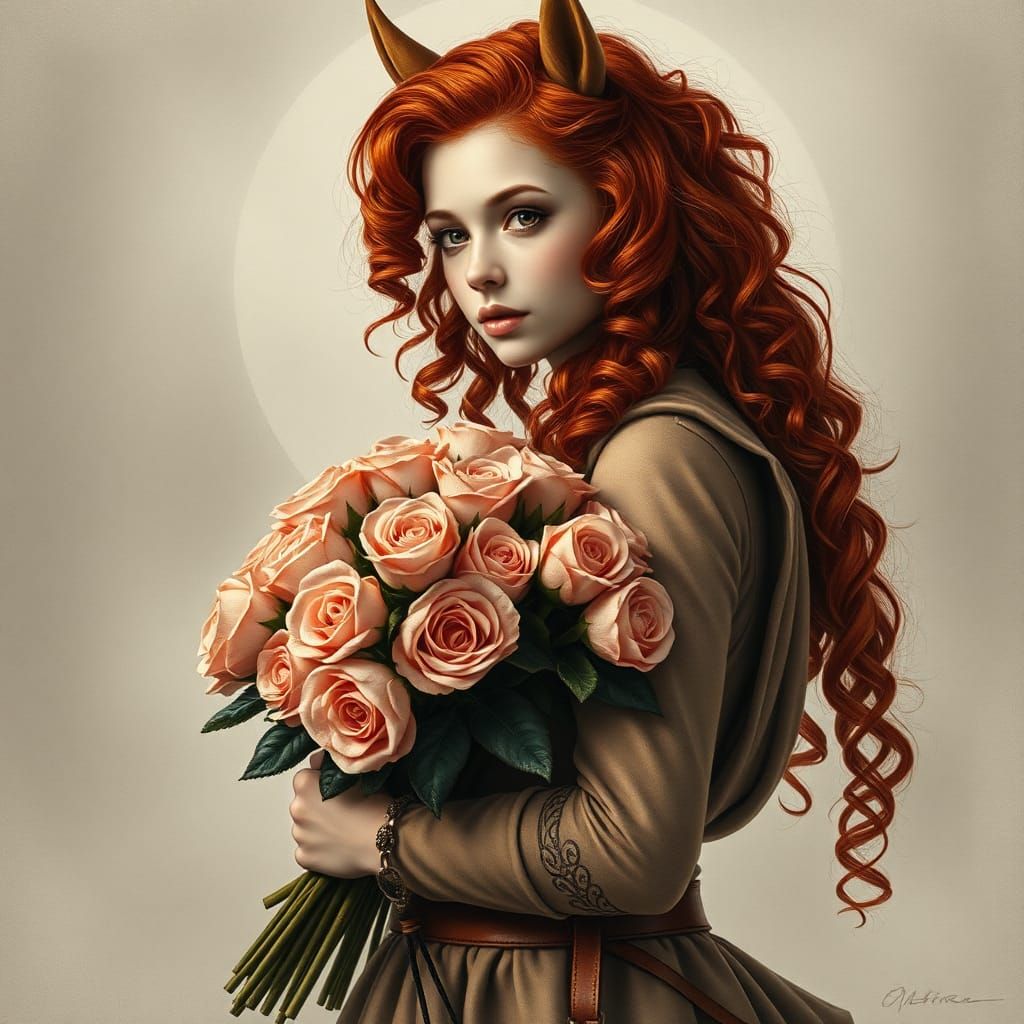 Redhead Centaur with Roses in Charcoal Drawing Style