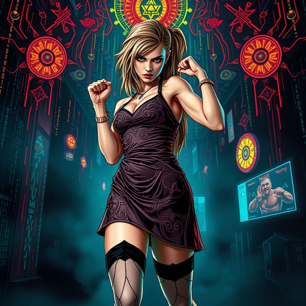 Psychedelic Acid-Punk Woman in Cyberpunk Nightclub