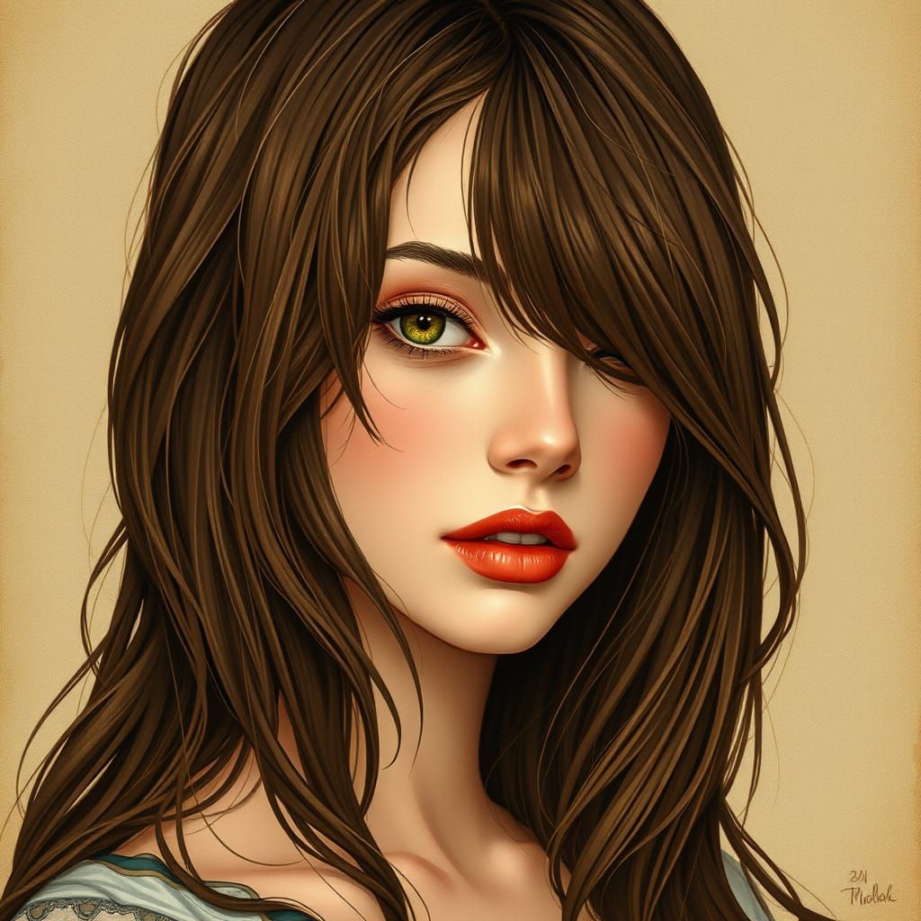 Elegant Woman with Flowing Hair in Art Nouveau Style