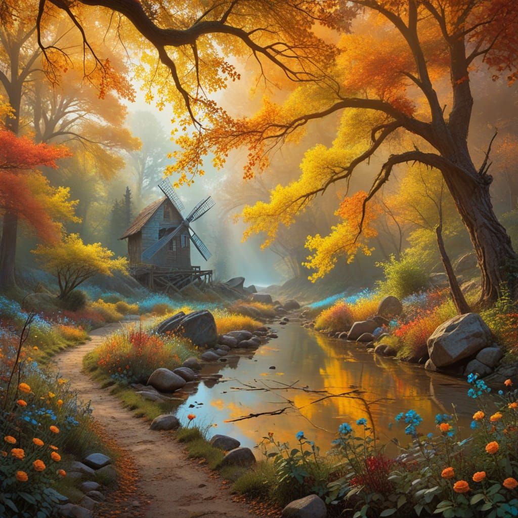 Autumnal Landscape with Vibrant Colored Mist and Windmill