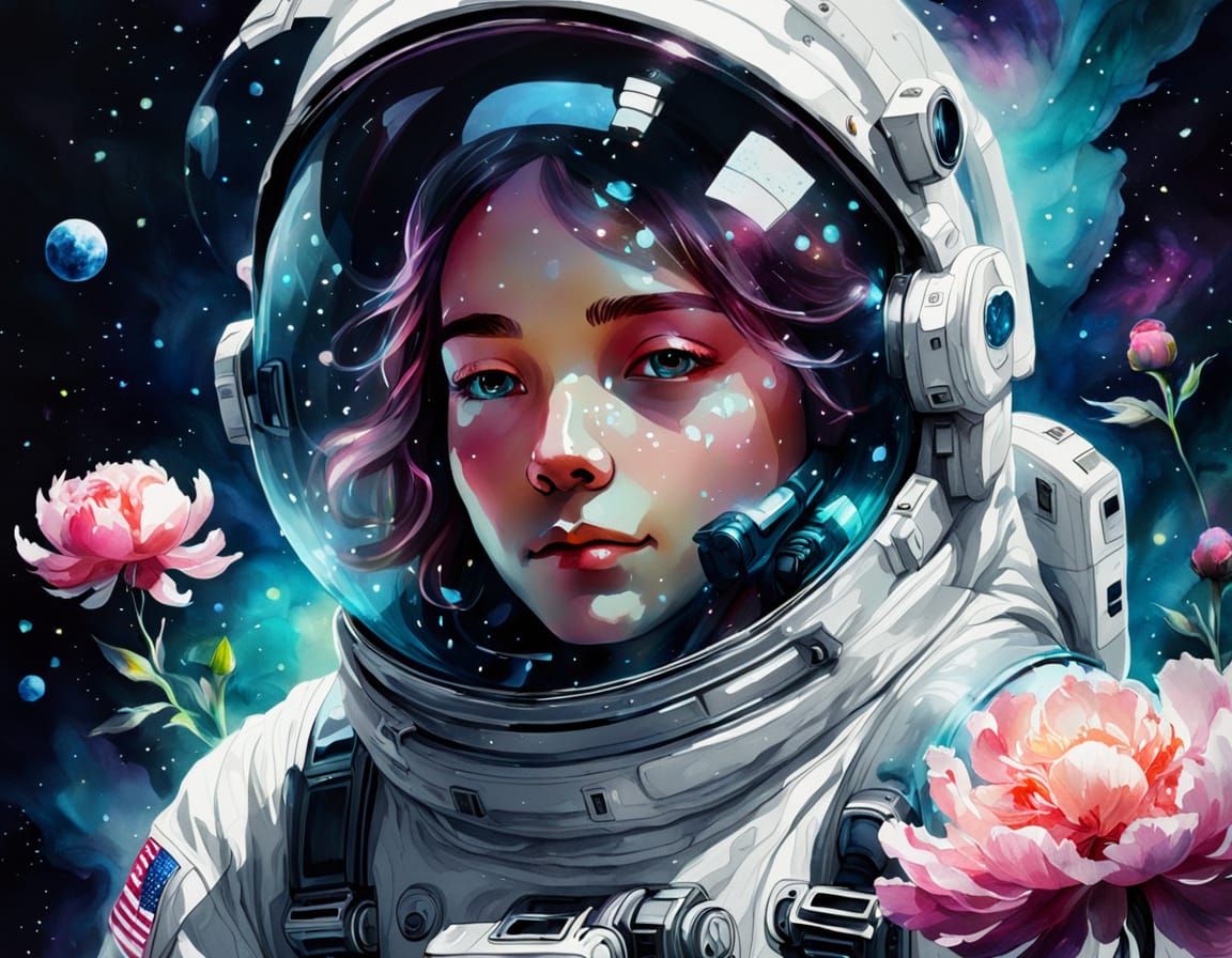 Astronaut Gazing at Bioluminescent Peony in Watercolor Style
