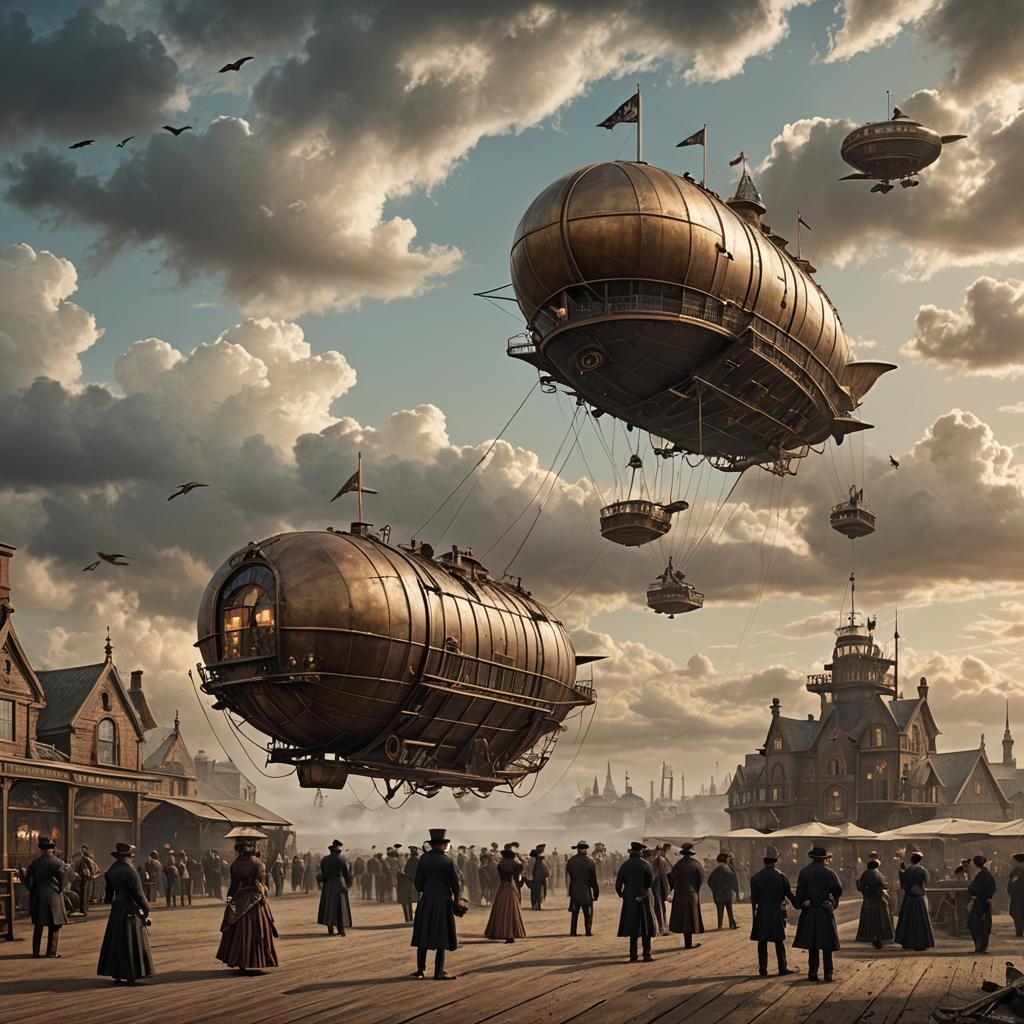 Victorian Steampunk Airship Port Arrival
