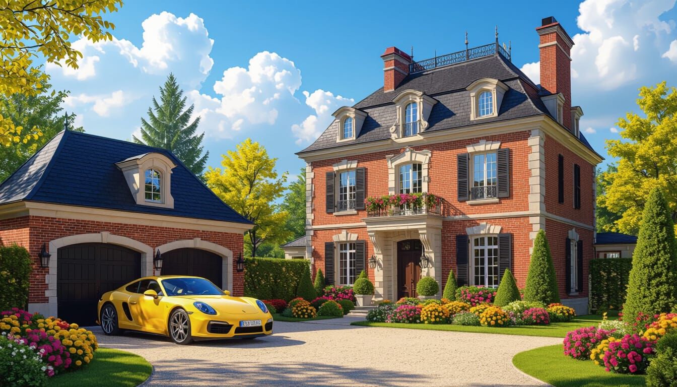 Grand Chateau with Yellow Car and Flower Garden