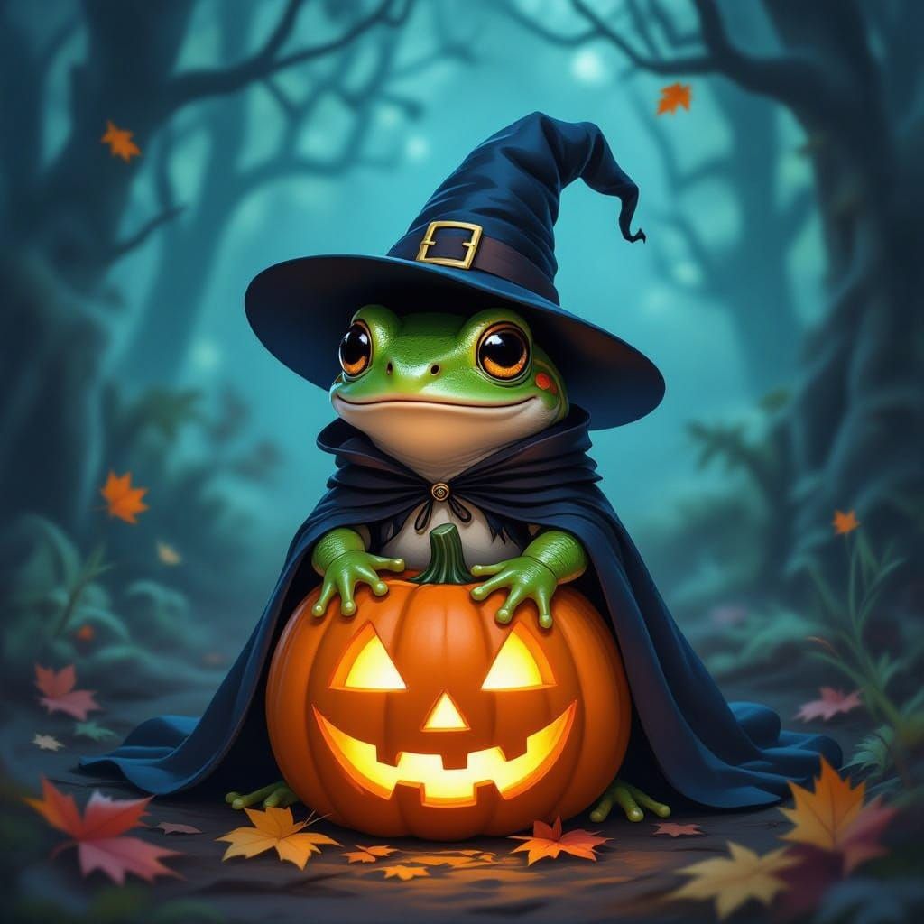 Whimsical Witch Frog in Enchanted Forest
