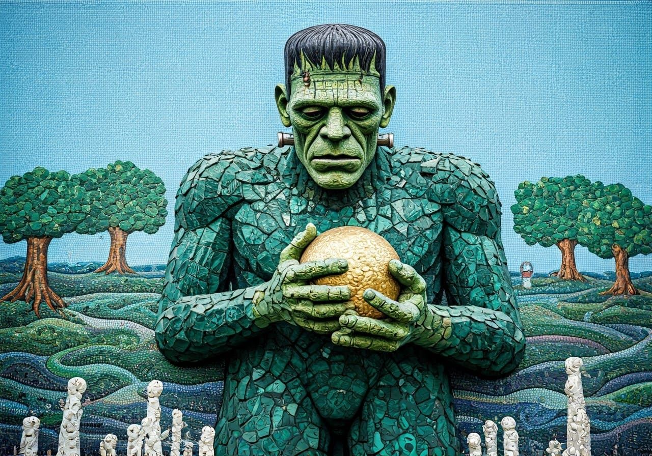 Frankenstein's Monster in a Dreamlike Mosaic Realm