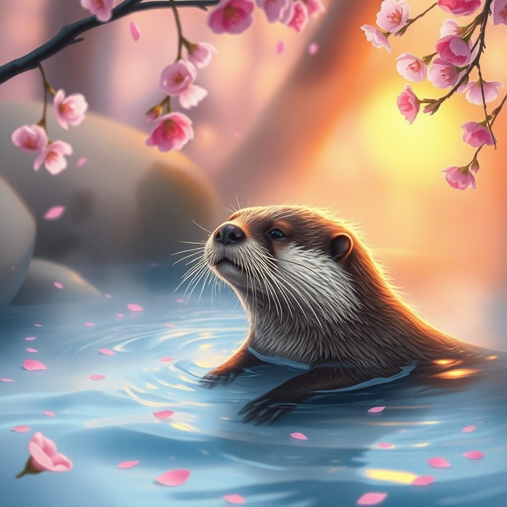 Dreamy Otter in Spring Mist, Watercolor Style