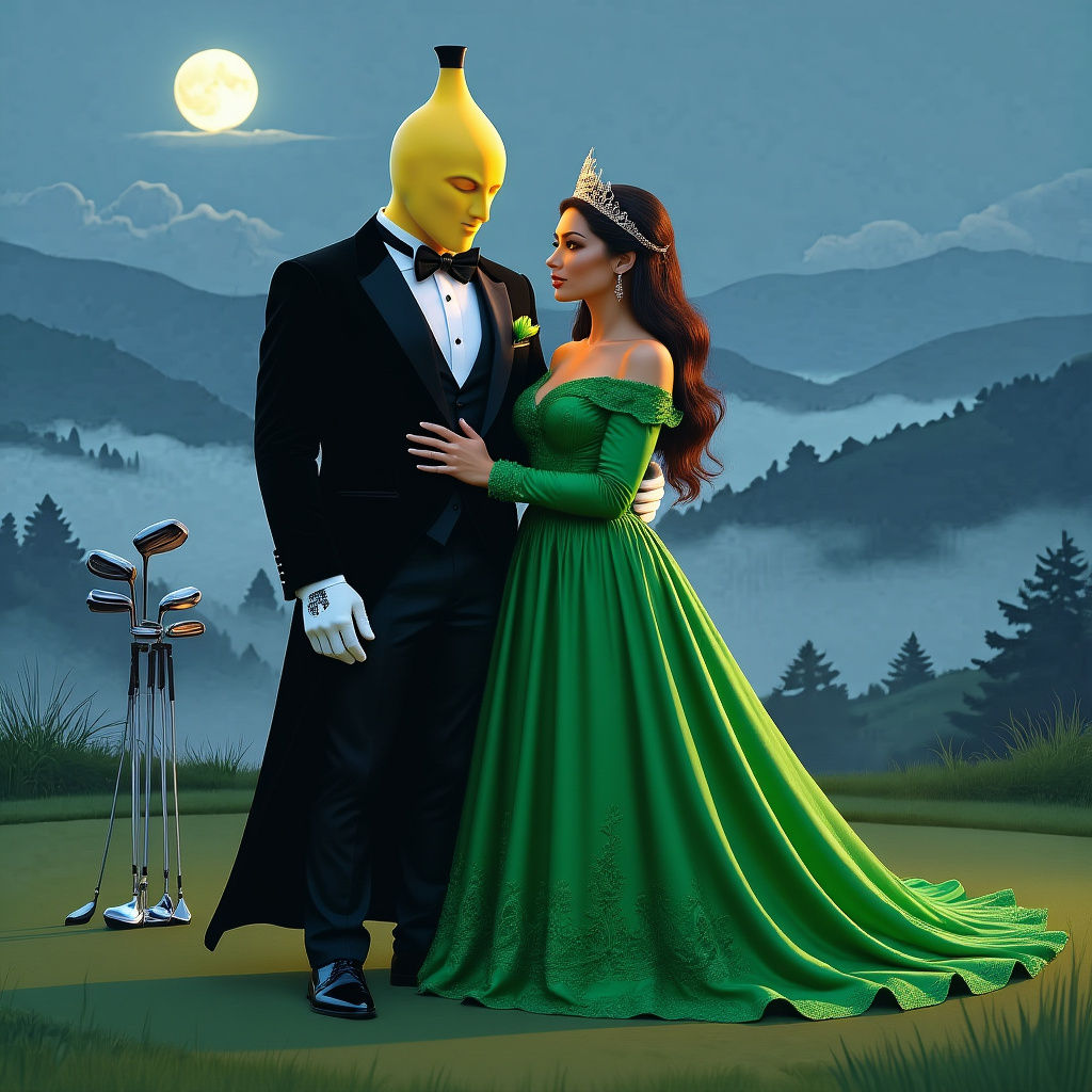 Banana Man and Princess on Misty Golf Course
