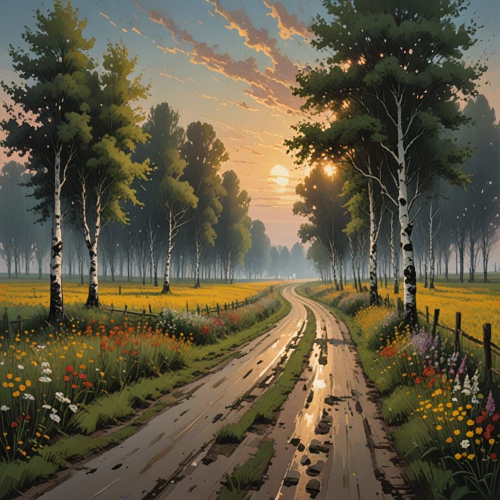 Eerie Road Through Flower Fields at Sunset