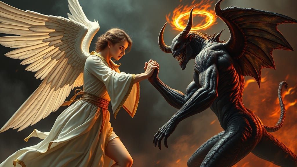 Angel Wrestles Dark Demon in a Surreal, Gothic Arena