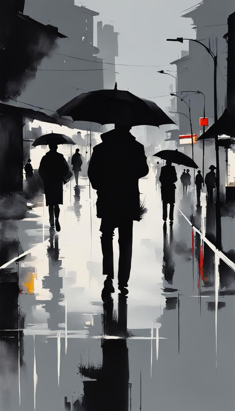 Minimalist Ink Painting of Rainy Modern Street