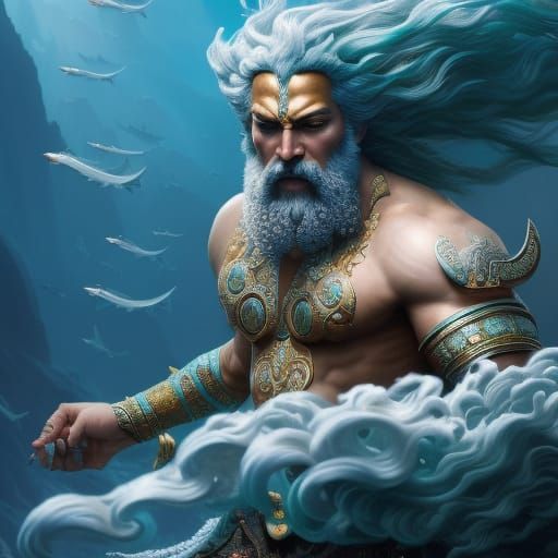 Poseidon Portrait with Trident in Fantasy Art Style