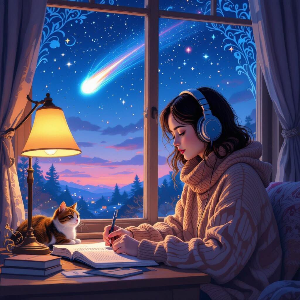 Lofi Girl Studying at Night in Detailed Matte Painting