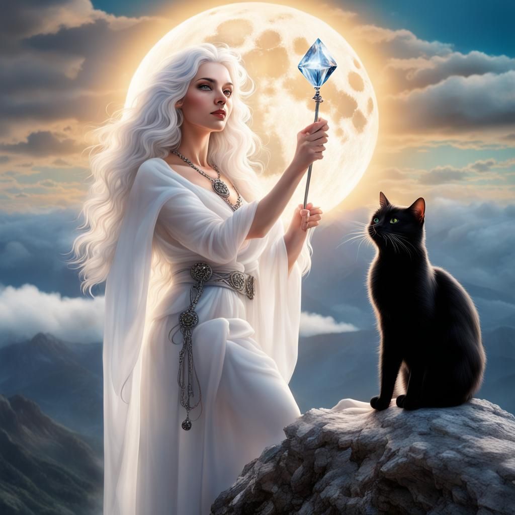 White Witch Draws Moon Energy, Hyper-Realistic Style