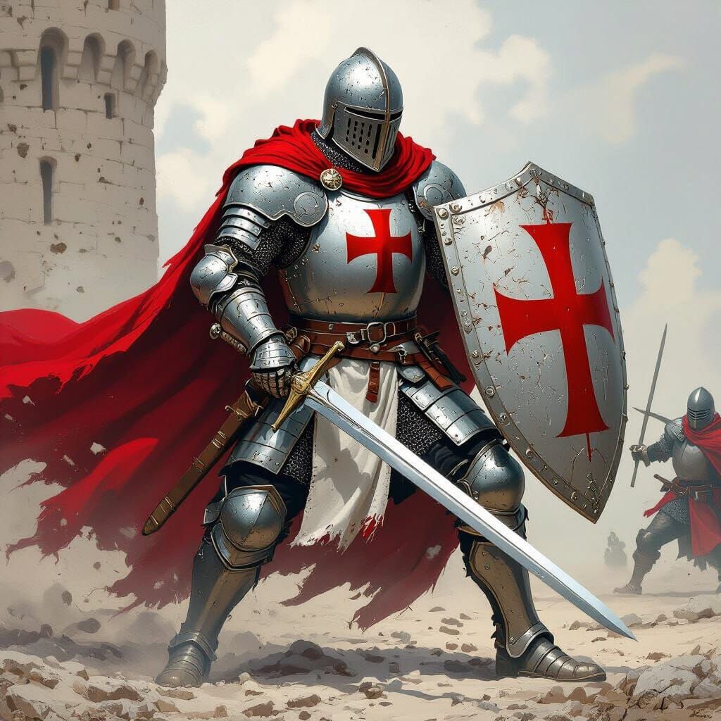 Templar Knight in Battle with Sword and Shield