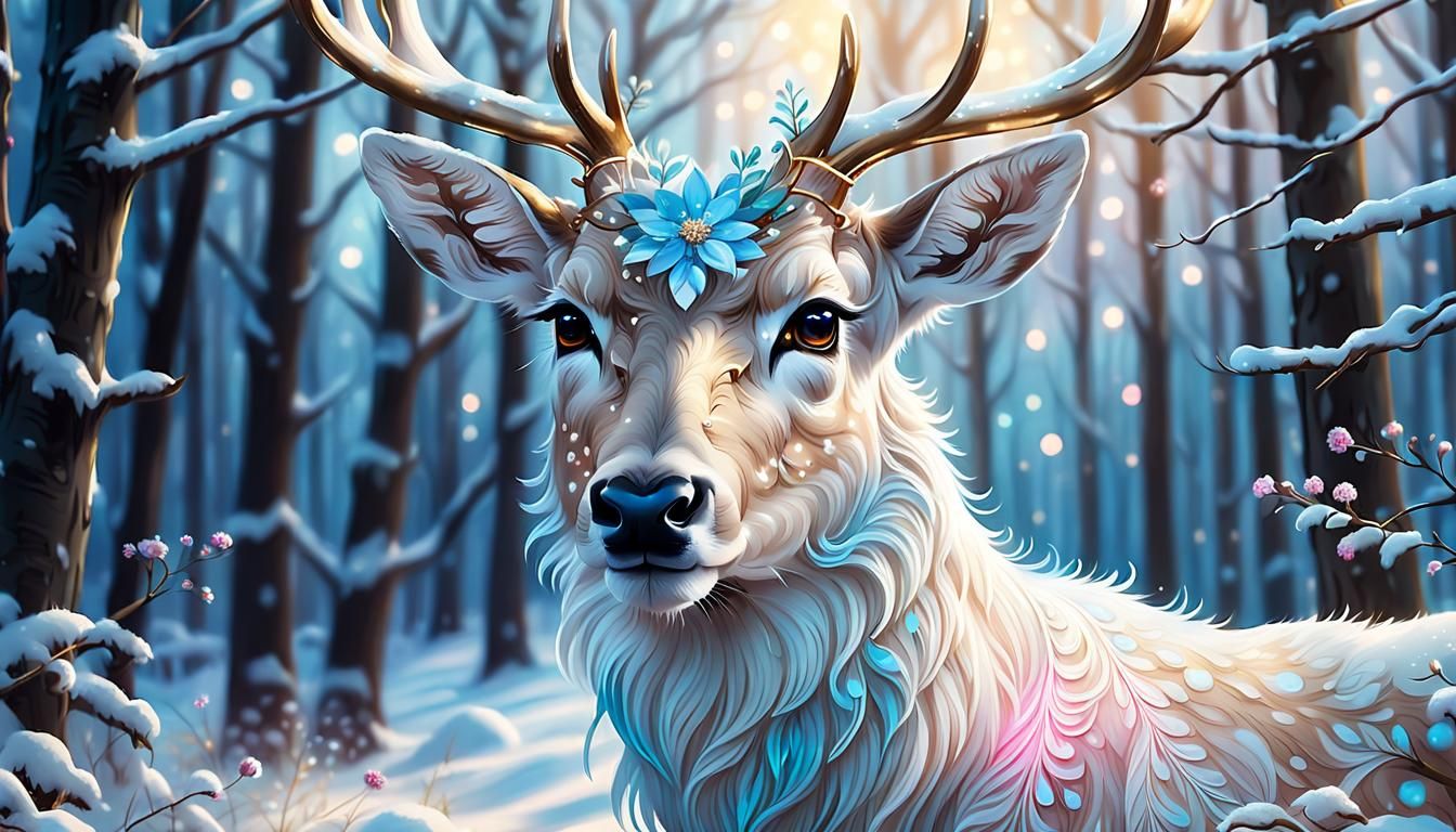 Enchanting White Deer in Winter Forest, Digital Art