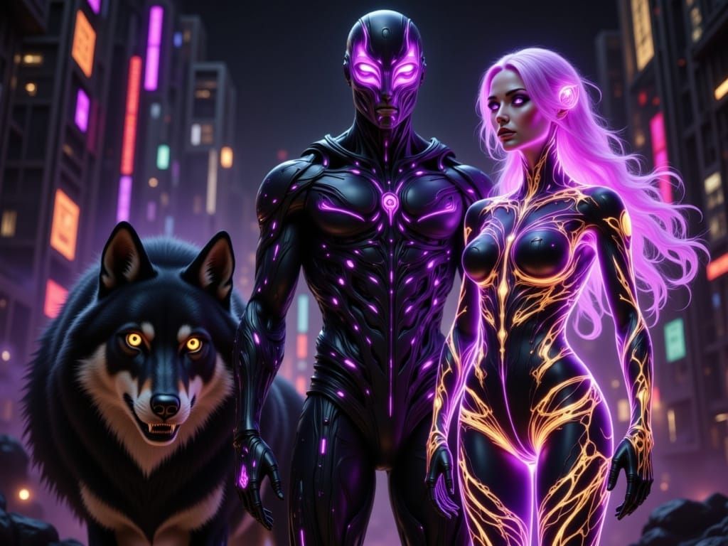 In a dimly lit, neon-drenched cityscape,