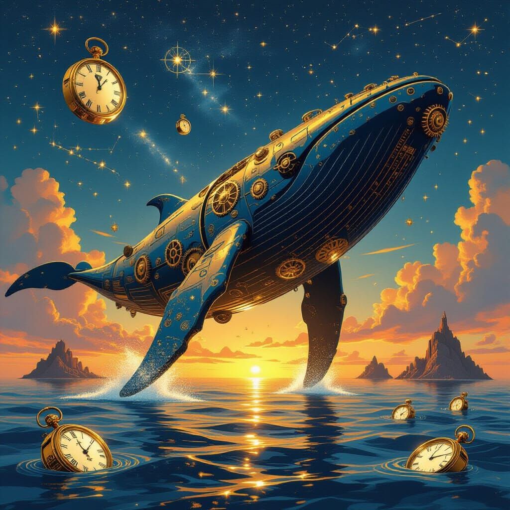 Clockwork Whale Breaches Molten Gold Sea