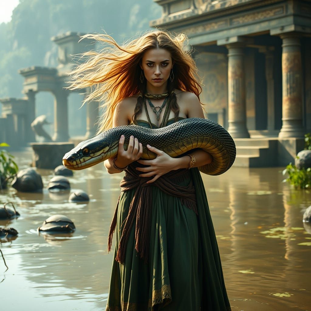 Sumerian Snake Priestess Amidst Mesopotamian Ruins