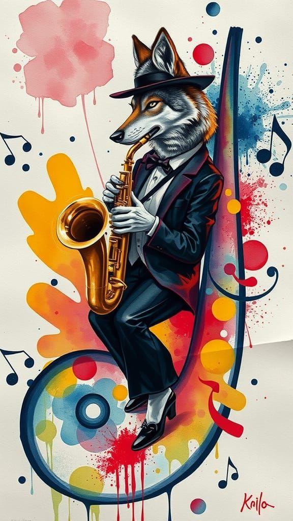 Wolf Saxophonist in Surreal Watercolor Jazz Scene