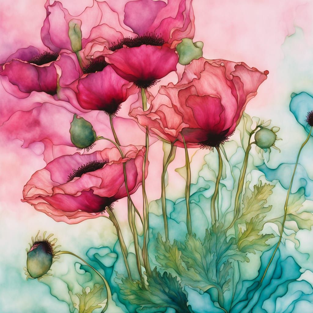 Papaver Somniferum: Alcohol Ink Poppy Field