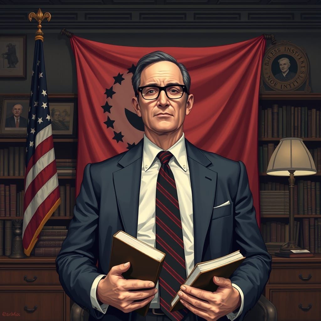 Libertarian Gentleman in Noir-Inspired Office