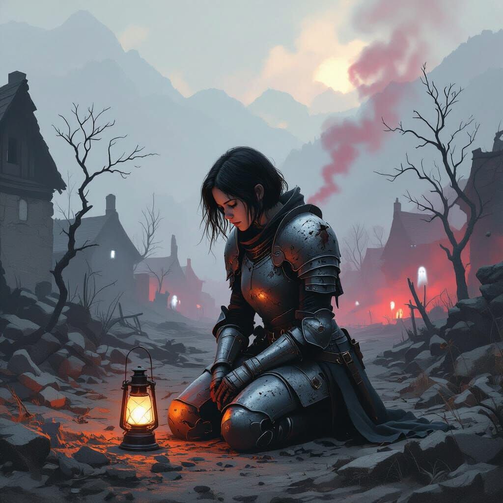 Weary Knight in Ruined Village as Gouache Painting