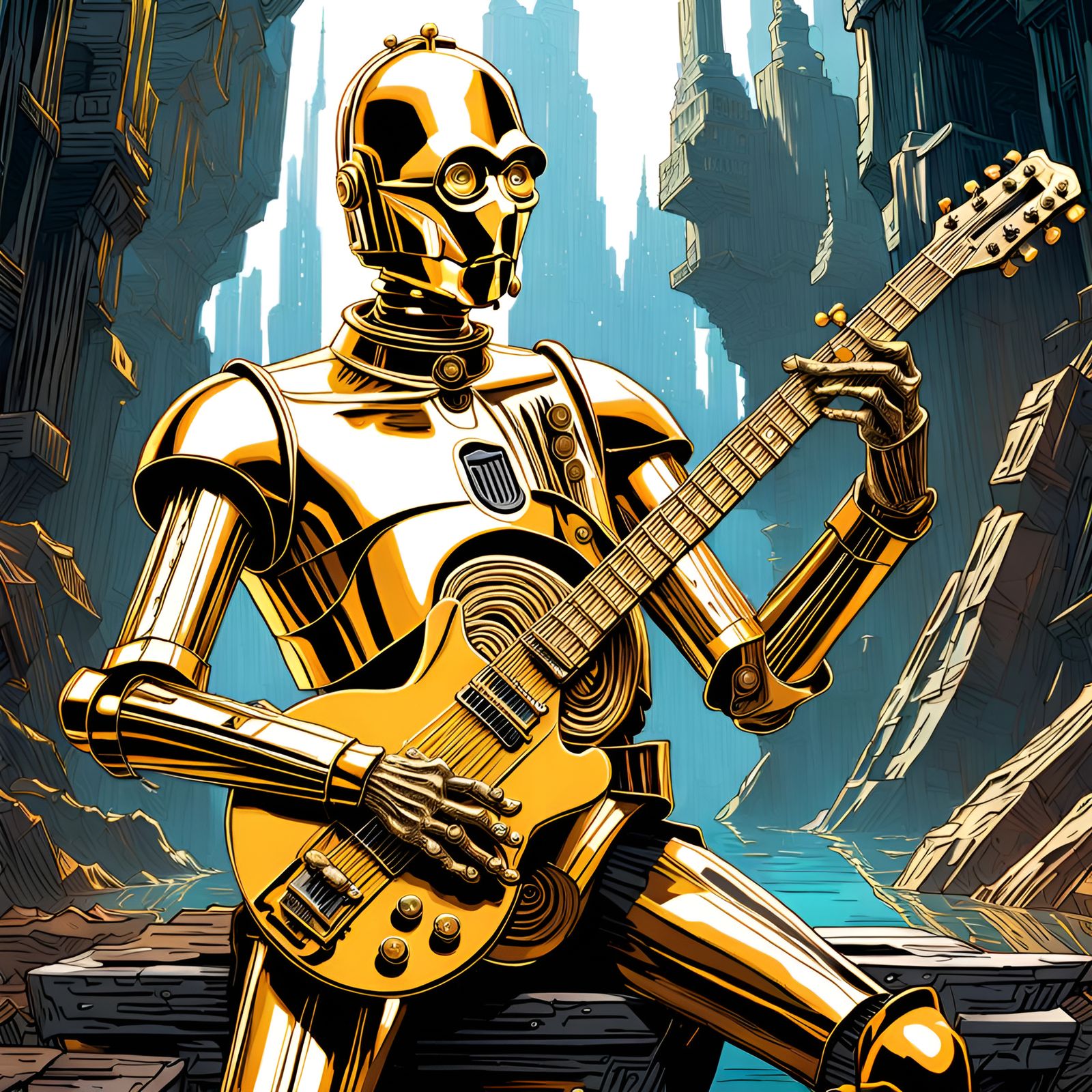 Metallic C-3PO Guitarist in Reflective Metal Art
